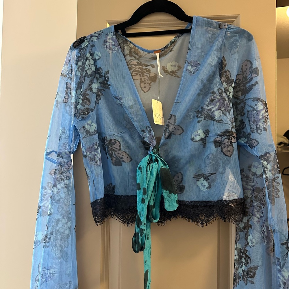 Free People NWT Floral Sheer Blue Tie-Front Top